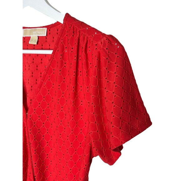 Michael Kors Eyelet Puff Sleeve Blouse S Orange V-Neck Short Sleeve Top - Picture 5 of 10